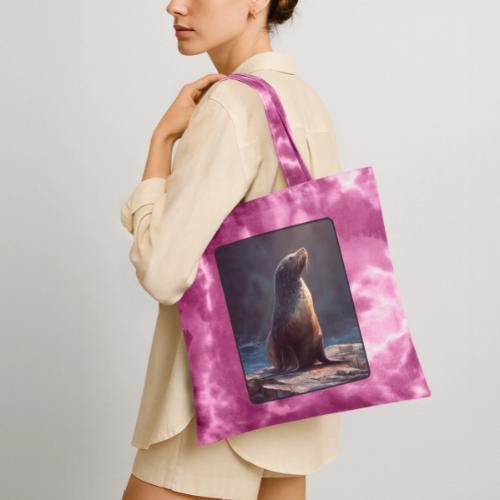 Fur Seal Artistic Shore Portrait Design - Tie Dye Tote Bag