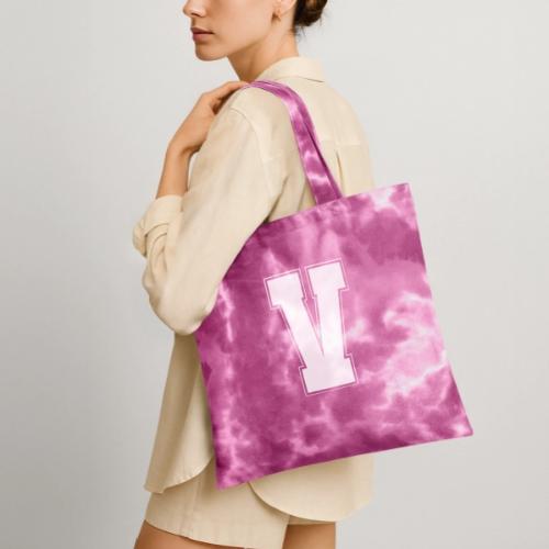 White Letter V – Varsity Alphabet Monogram - Tie Dye Tote Bag
