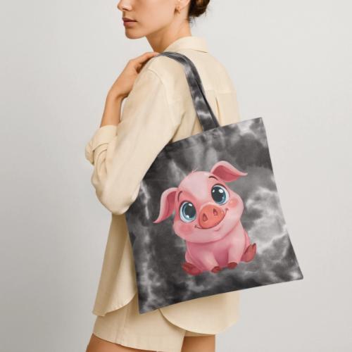 Adorable Cartoon Baby Pig Sitting with Big Eyes - Tie Dye Tote Bag