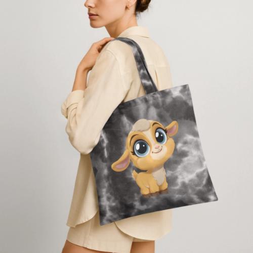 Sweet Cartoon Baby Goat with Joyful Smile - Tie Dye Tote Bag