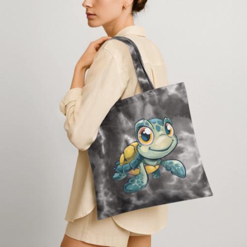 Playful Cartoon Baby Sea Turtle with a Smile - Tie Dye Tote Bag