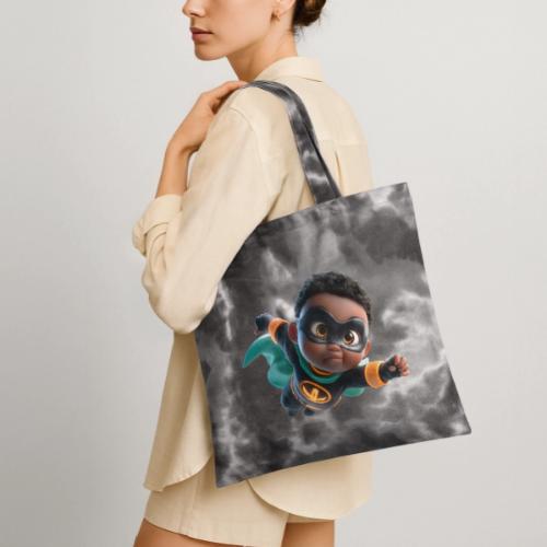 Brave Cartoon Superhero Boy in Green Cape - Tie Dye Tote Bag