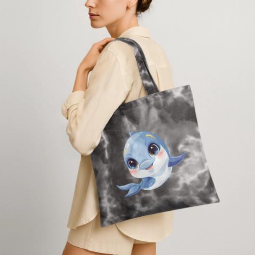 Joyful Blue-White Baby Dolphin - Tie Dye Tote Bag