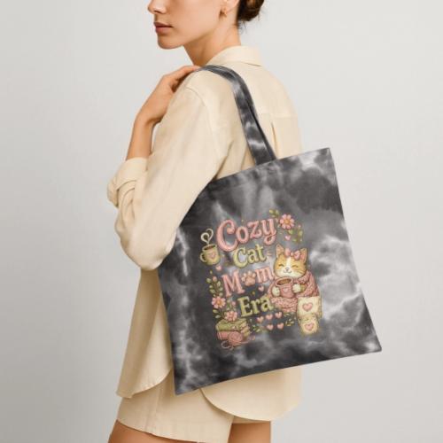 Cozy Cat Mom Era Faux Stitched Design - Tie Dye Tote Bag