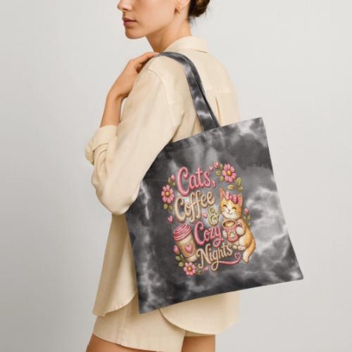 Cats, Coffee & Cozy Nights Faux Stitched Design - Tie Dye Tote Bag