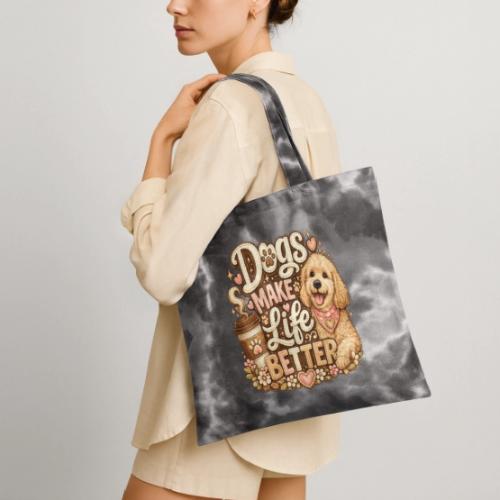 Dogs Make Life Better | Faux Embroidery Style - Tie Dye Tote Bag