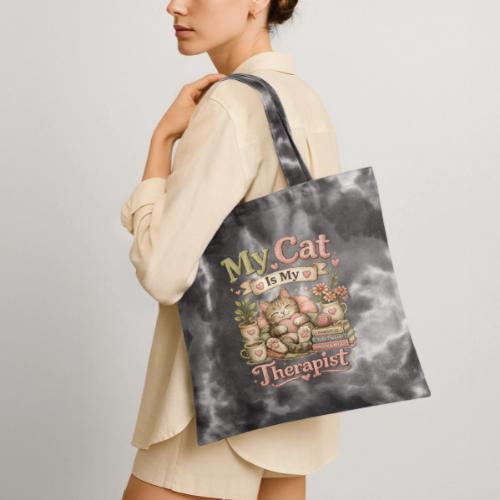 Flux Faux Embroidery My Cat Is My Therapist Design - Tie Dye Tote Bag