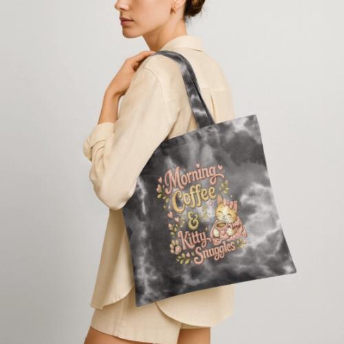 Morning Coffee & Kitty Snuggles Faux Stitched - Tie Dye Tote Bag
