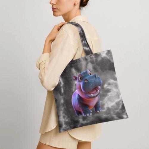Smiling Cartoon Baby Hippo Standing - Tie Dye Tote Bag