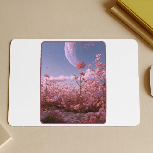 Cosmic Moon & Cosmos Flowers Art - Gaming Mousepad