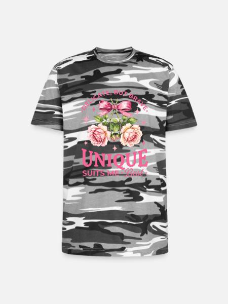 Unique Rose Bloom Ribbon - Unisex Camo Tee - black camo