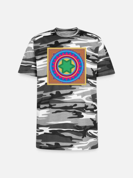 Vibrant Star Mandala Burst - Unisex Camo Tee - black camo
