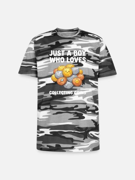 Coin-Loving Boy Collecting Coins - Unisex Camo Tee - black camo