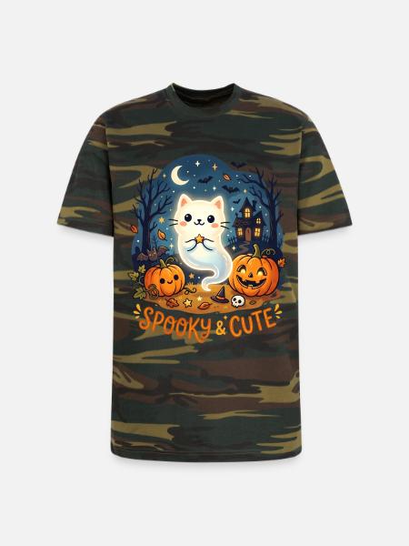 Spooky Cute Ghost Cat Halloween - Unisex Camo Tee - green camo