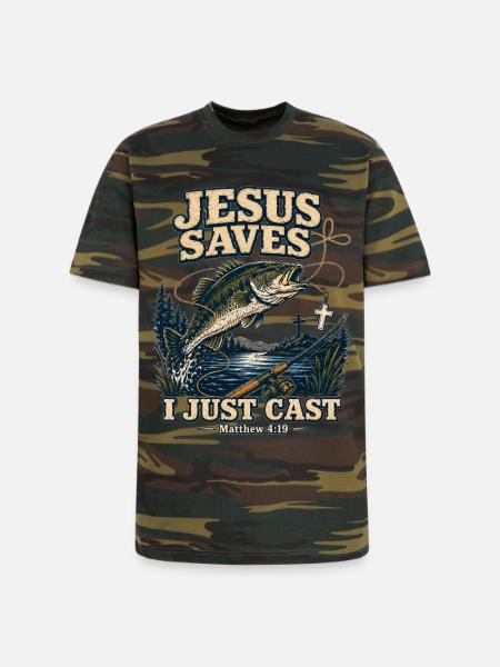 Jesus Saves I Just Cast Christian Fishing - Unisex Camo Tee - green camo