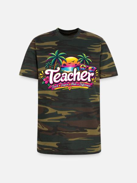 neon-retro-tropical-teacher-shirt-teach-inspire - Unisex Camo Tee - green camo