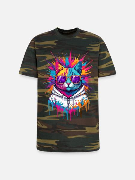 Neon Splash Cat Hoodie - Unisex Camo Tee - green camo