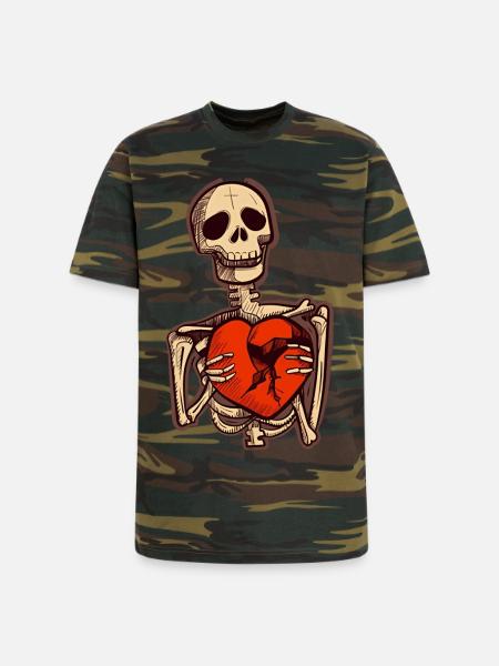 Sad Skeleton Holding Broken Heart - Unisex Camo Tee - green camo
