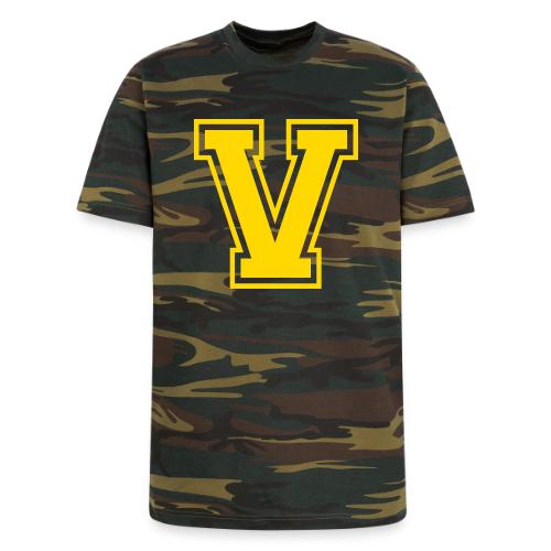 Letter V – Capital Athletic Alphabet Monogram - Unisex Camo Tee