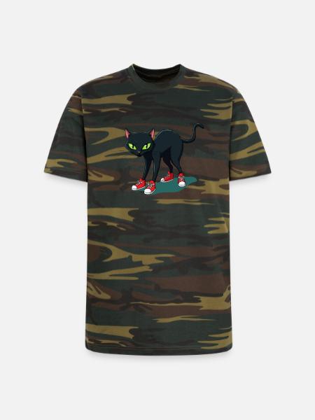Midnight Cat in Red Sneakers - Unisex Camo Tee - green camo