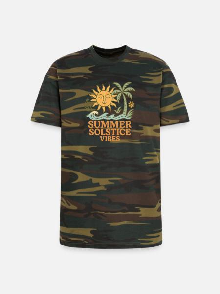 Summer Solstice Vibes Sun and Palm Design - Unisex Camo Tee - green camo