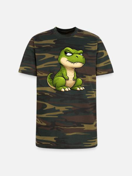 Grumpy T-Rex cartoon skeptical expression - Unisex Camo Tee - green camo