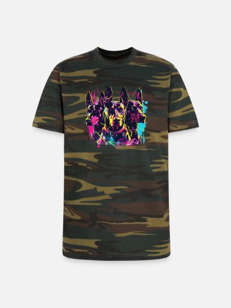 Neon Doberman Trio Splash - Unisex Camo Tee - green camo