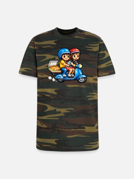 Boy and Girl on Vespa with Pizza! - Unisex Camo Tee - green camo