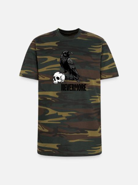 Raven and Skull Monochrome Gothic - Unisex Camo Tee - green camo