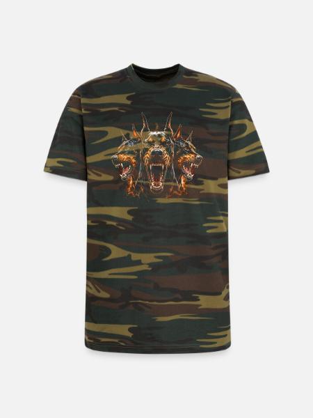 Triple-Headed Fiery Doberman - Unisex Camo Tee - green camo