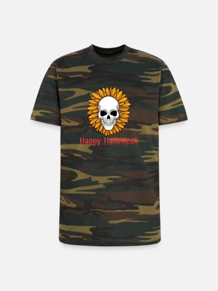 Sunflower Skull Halloween Tee - Unisex Camo Tee - green camo