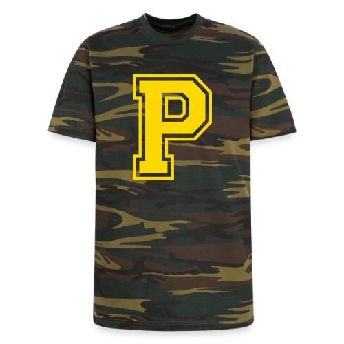 Letter P – Capital Athletic Alphabet Monogram - Unisex Camo Tee