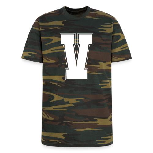 White Letter V – Varsity Alphabet Monogram - Unisex Camo Tee