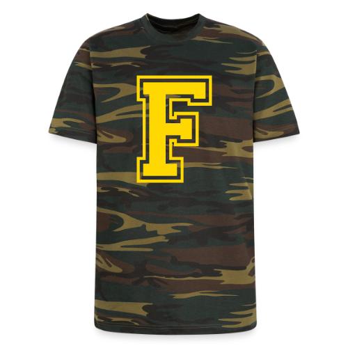 Letter F – Capital Athletic Alphabet Monogram - Unisex Camo Tee