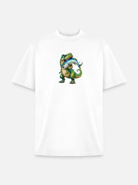 Cretaceous Catch: Dino with Fish - Unisex Garment Dyed T-Shirt - white
