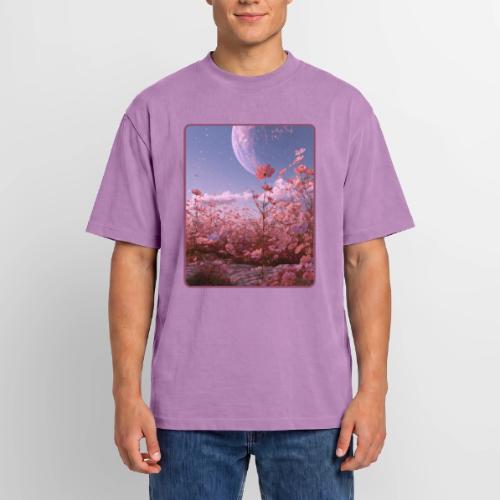 Cosmic Moon & Cosmos Flowers Art - Unisex Garment Dyed T-Shirt