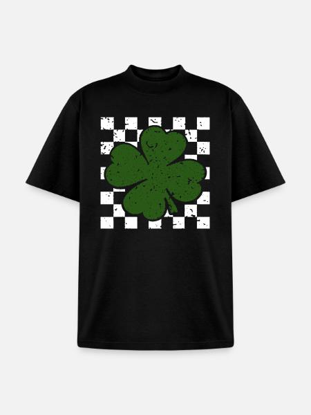 Emerald FourLeaf Clover on Checkerboard - Unisex Garment Dyed T-Shirt - black