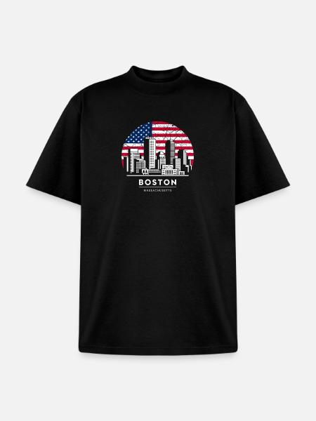 Boston Skyline Flag Emblem - Unisex Garment Dyed T-Shirt - black