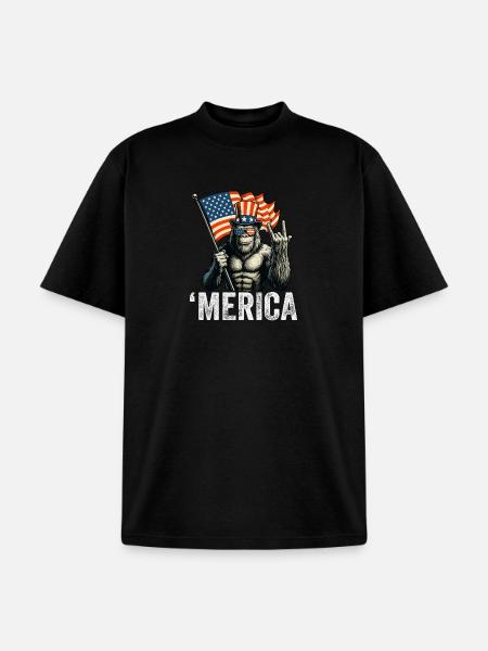 Bigfoot Merica Rock American Flag - Unisex Garment Dyed T-Shirt - black
