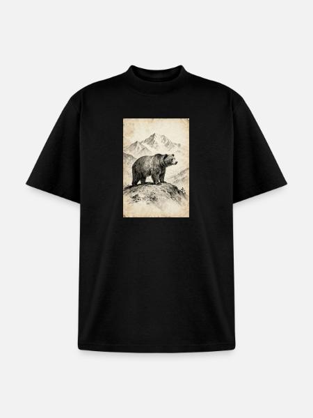 Bear on Alpine Ridge Sketch - Unisex Garment Dyed T-Shirt - black
