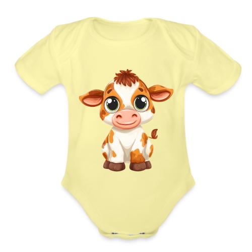 Cute Cartoon Baby Calf with Bright Innocent Eyes - Organic Short Sleeve Baby Bodysuit