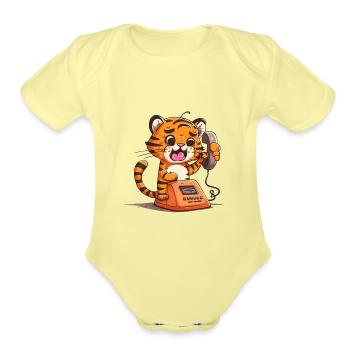 Tiger on the phone - Organic Short Sleeve Baby Bodysuit - washed yellow - Front