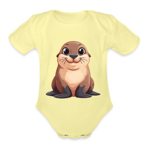 Smiling Cartoon Brown Sea Lion - Organic Short Sleeve Baby Bodysuit