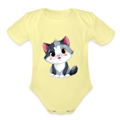 Sweet Sitting Kitten Cartoon Smiling - Organic Short Sleeve Baby Bodysuit