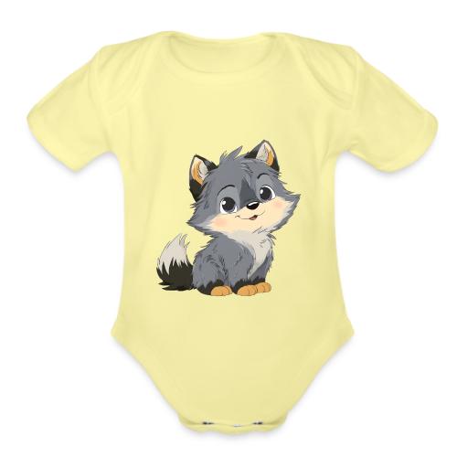 Cute Cartoon Baby Wolf with Innocent Eyes - Organic Short Sleeve Baby Bodysuit