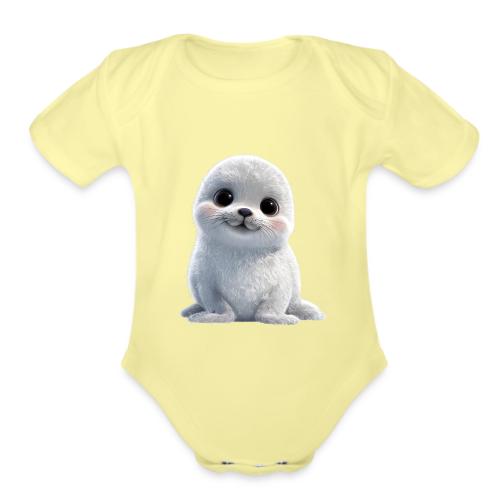 Cute White Cartoon Baby Sea Lion - Organic Short Sleeve Baby Bodysuit