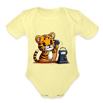 Tiger on the phone calling - Organic Short Sleeve Baby Bodysuit - washed yellow - Front