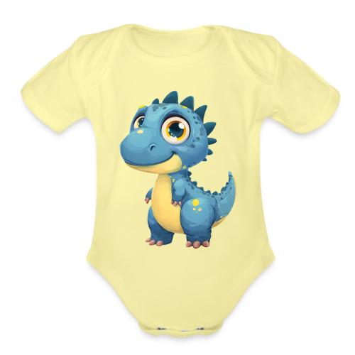 Smiling Blue and Yellow Baby Dinosaur - Organic Short Sleeve Baby Bodysuit