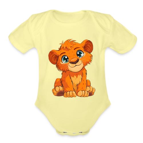 Sweet Cartoon Lion Cub with Big Innocent Eyes - Organic Short Sleeve Baby Bodysuit