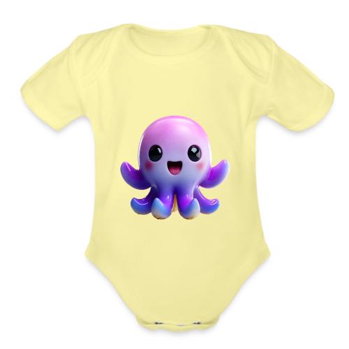 Joyful Cartoon Purple Baby Octopus with Big Smile - Organic Short Sleeve Baby Bodysuit